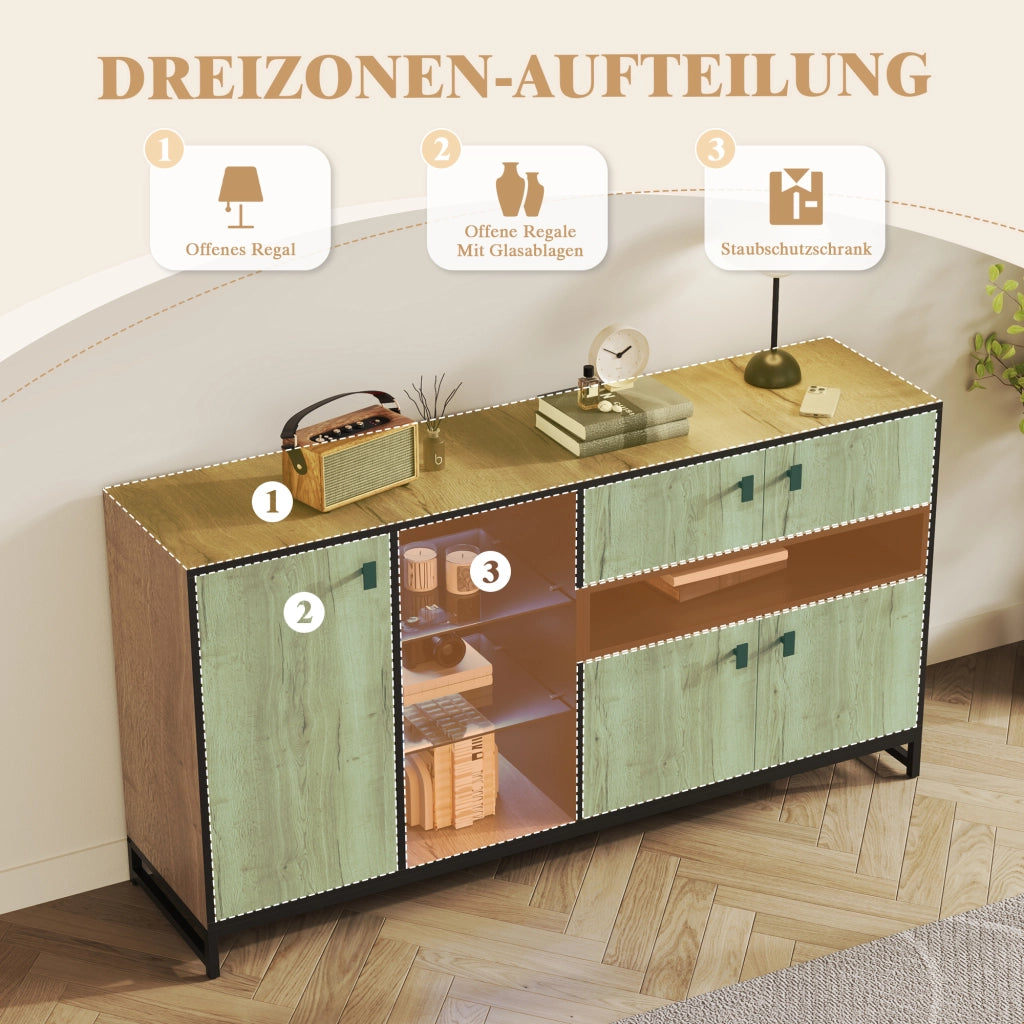 Credenza con 2 ante; ripiano regolabile e illuminazione LED - per soggiorno - 160×40×84.5 cm - naturale