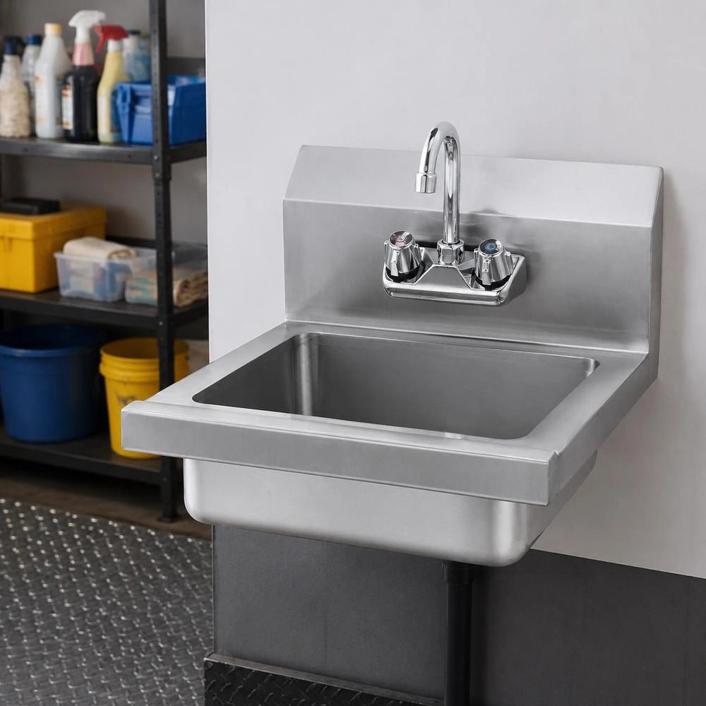 Commercial Stainless Steel Hand Sink With Faucet, Wall Mounted Small Basin For Restaurant Kitchen Bar Garage And Home
