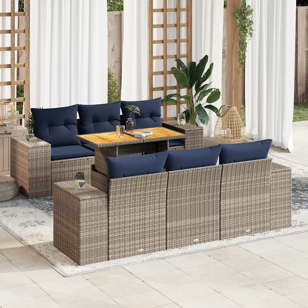 Set Divani da Giardino 7 pz con Cuscini Grigio in Polyrattan