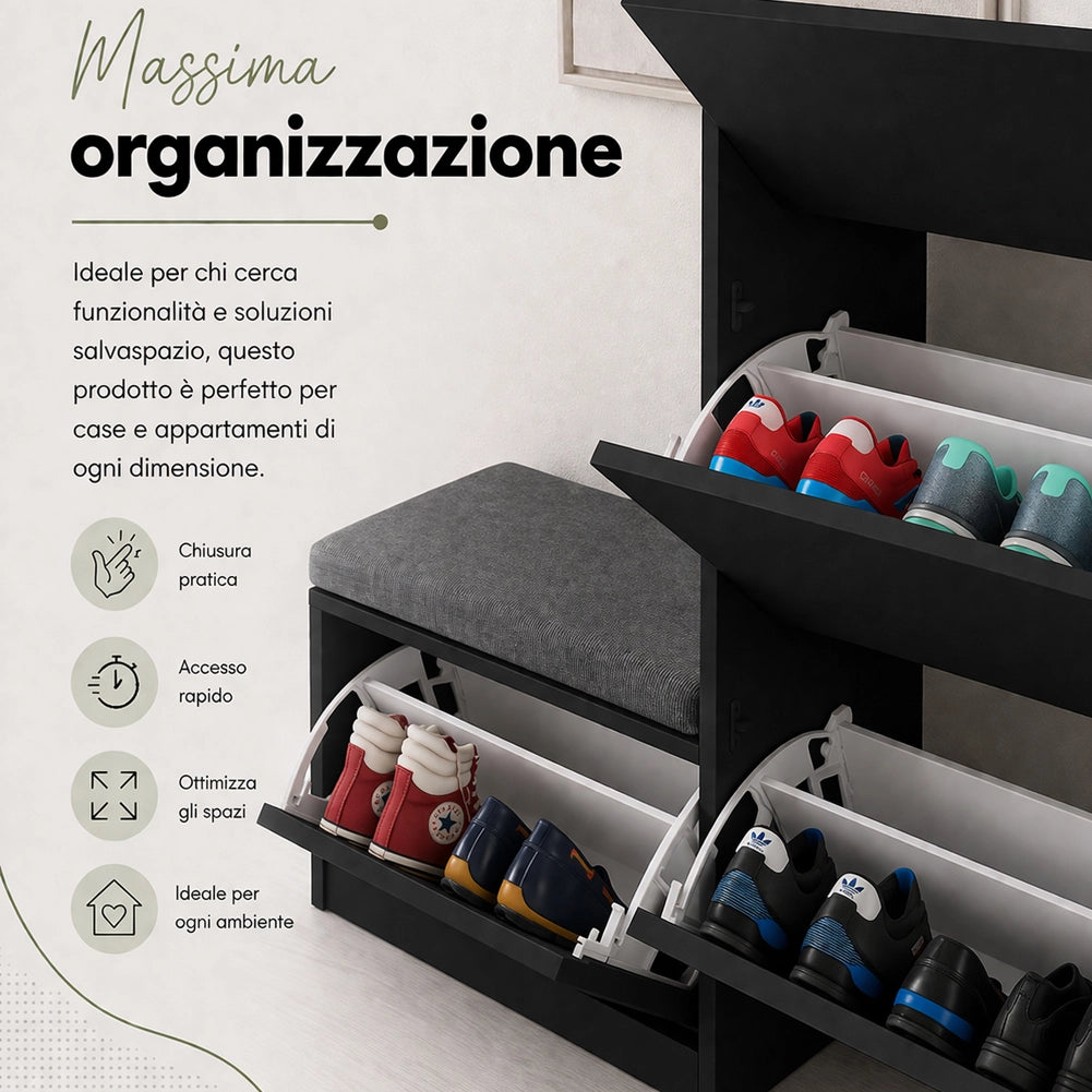 Scarpiera Salvaspazio 3 Ante Mobile Portascarpe 105x118,5 cm Multiuso Nero