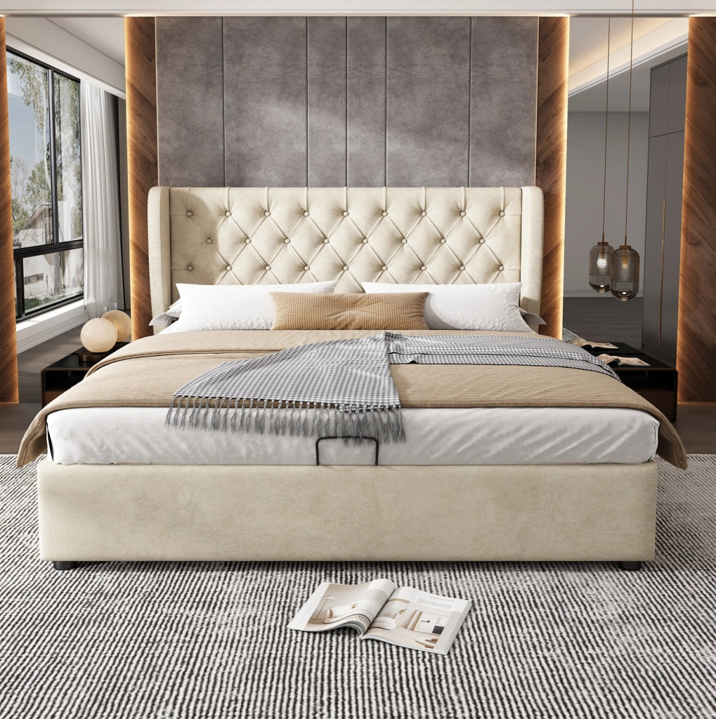 Letto matrimoniale contenitore 140x190 cm in velluto beige