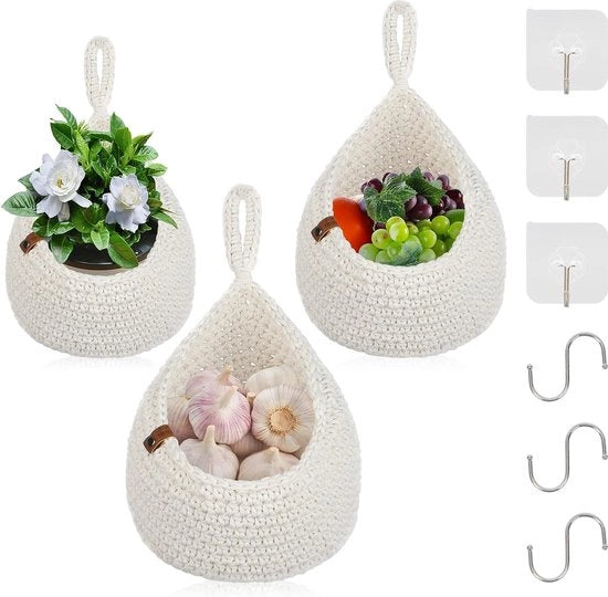 Tre cestini, cesto da muro, contenitore da parete, tessuto di cotone intrecciato a mano, per appendere alla parete, cesto da appendere, per aglio, frutta, verdura, piante da muro