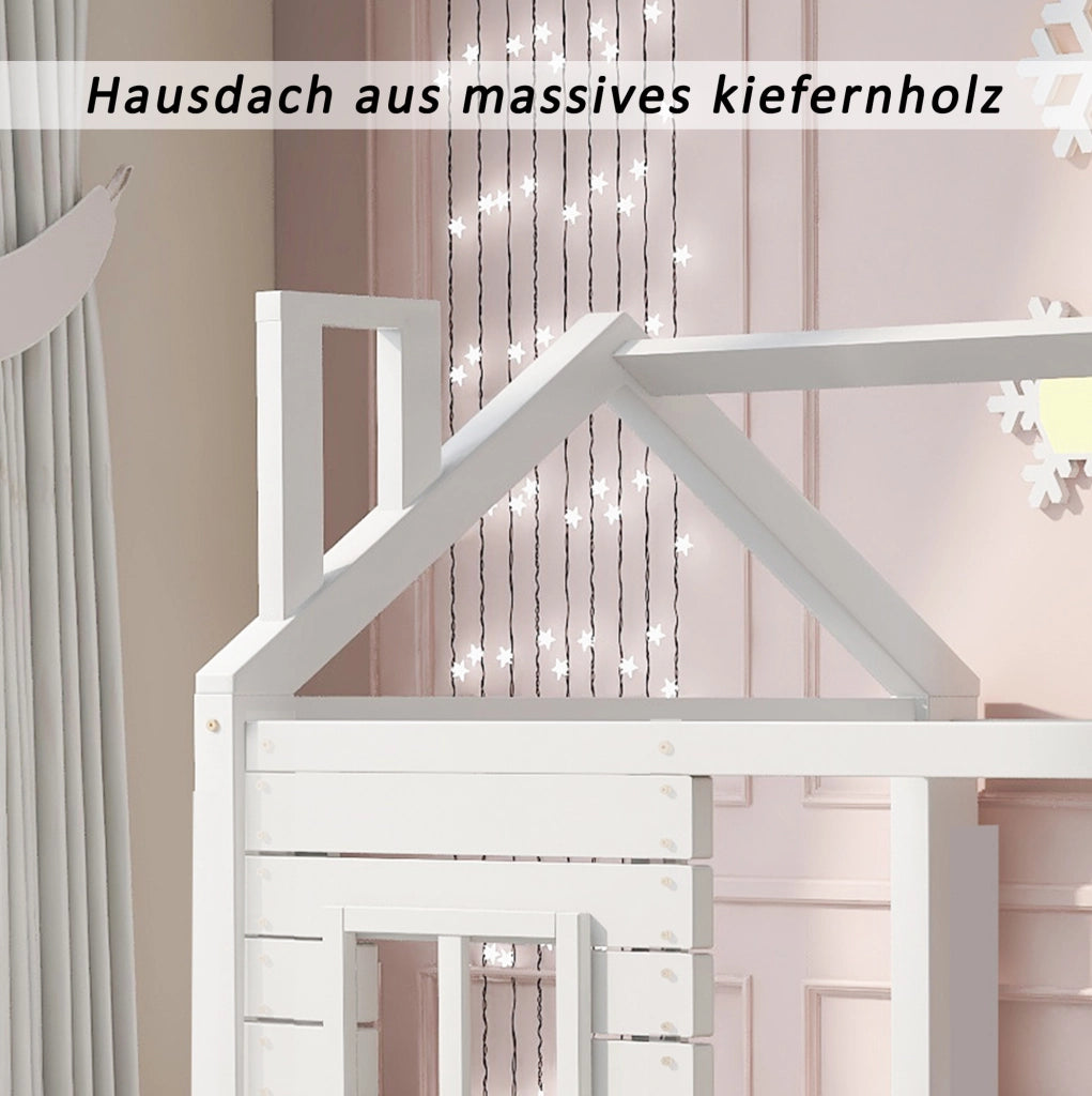 Letto a casetta per bambini 90x200 cm in legno massello di pino bianco con 2 cassetti