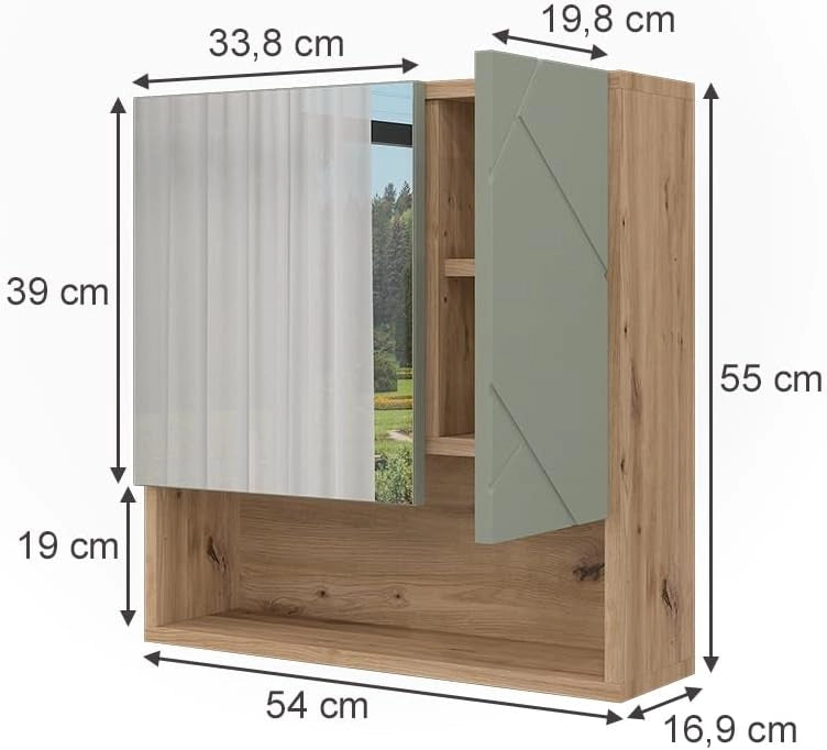 Specchio contenitore bagno Irma, Verde salvia, 54 x 55 cm, per montaggio a parete con specchio e vani a giorno