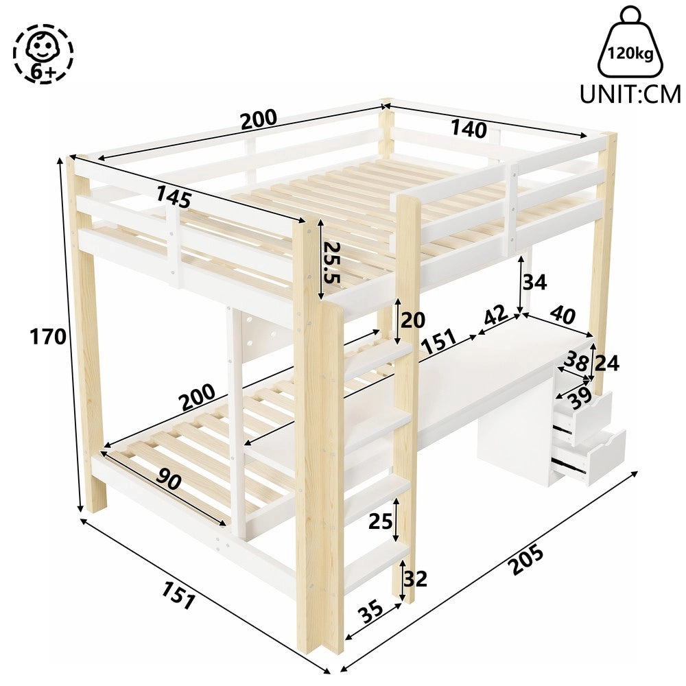 Letto a Soppalco con Cassetti, Scrivania e LED ¨C MINIMAL ¨C Pino, 90x200 / 140x200, senza Materasso