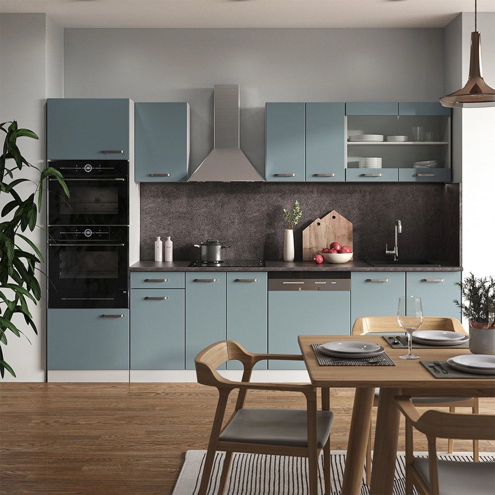 Vicco Cucina componibile Blu-grigio/bianco 300 cm con armadio alto, PL Rovere