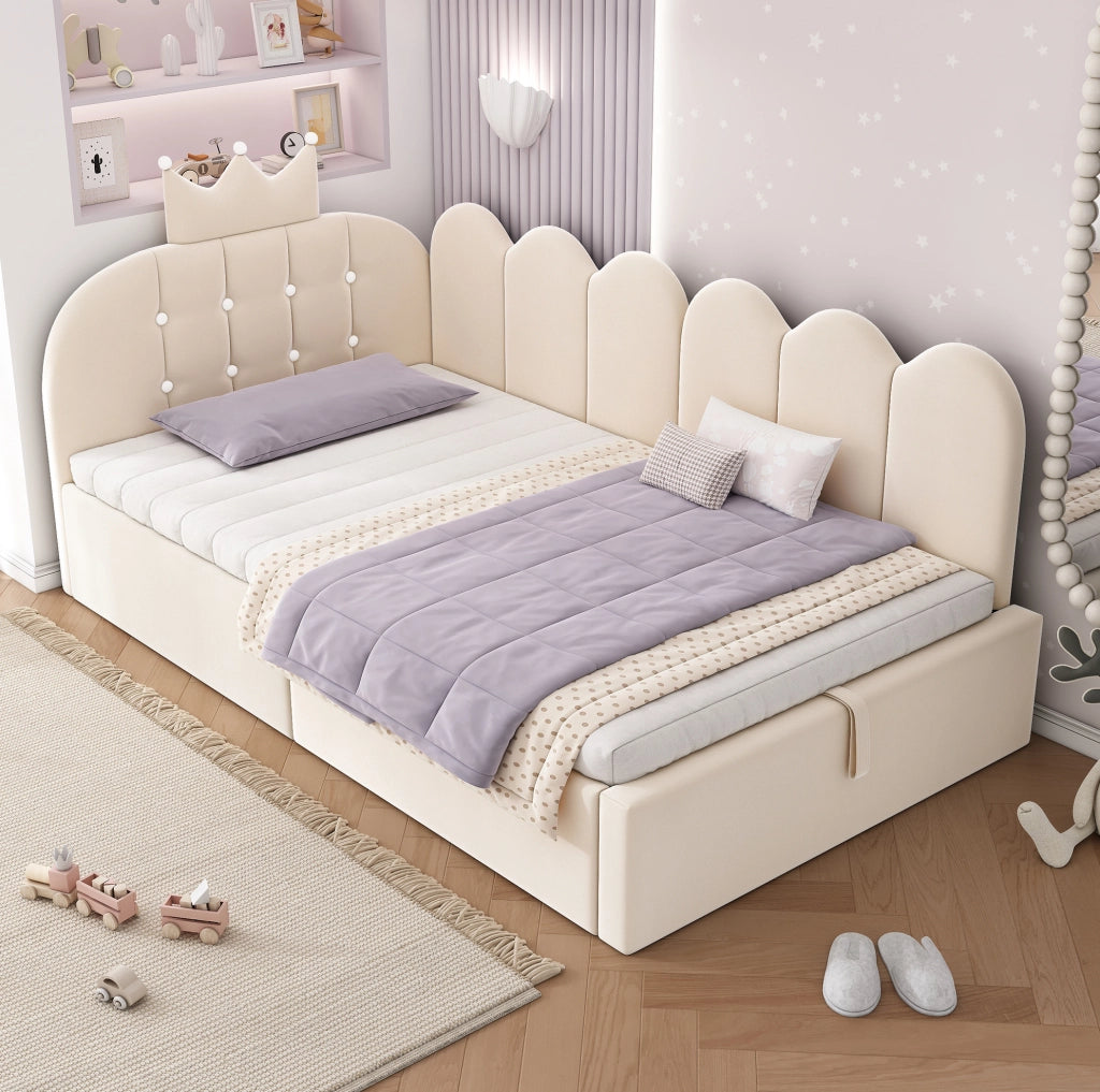 Letto singolo daybed 90x190 cm in velluto beige con contenitore e design a corona