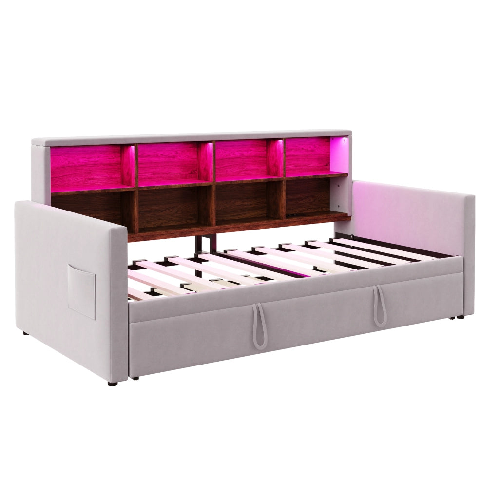 Letto imbottito estraibile 90x190 cm con testiera contenitore, luci LED, prese di ricarica e rete a doghe, colore grigio chiaro