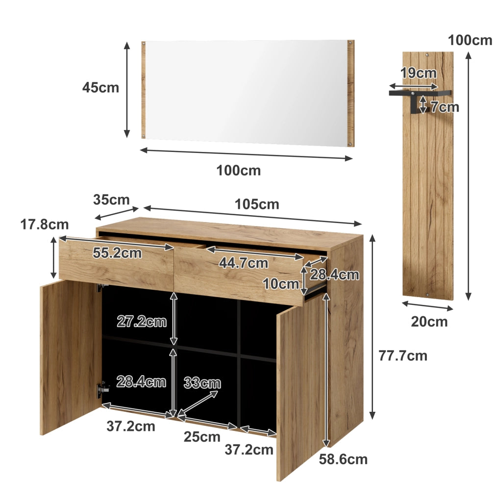 Set ingresso 3 pezzi con scarpiera; appendiabiti e specchio; 125x35x178 cm; MDF e truciolare