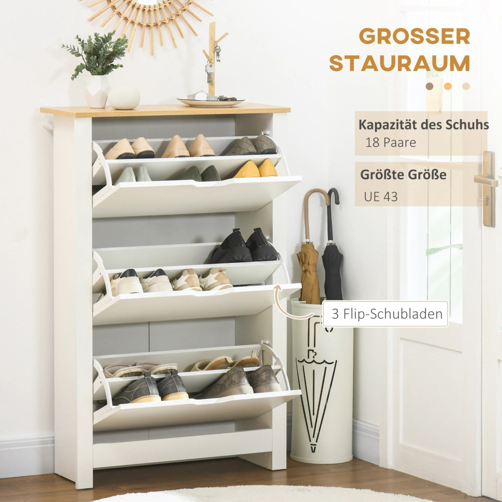Scarpiera a ribalta con 3 cassetti, bianca, 72 x 26 x 112 cm, per 18 paia di scarpe