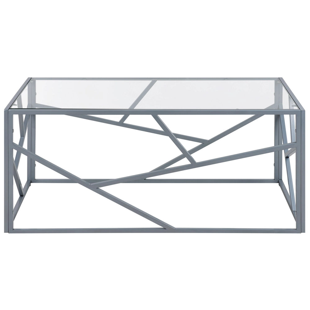 Tavolino da caffè con struttura in metallo argento piano in vetro design geometrico glam
