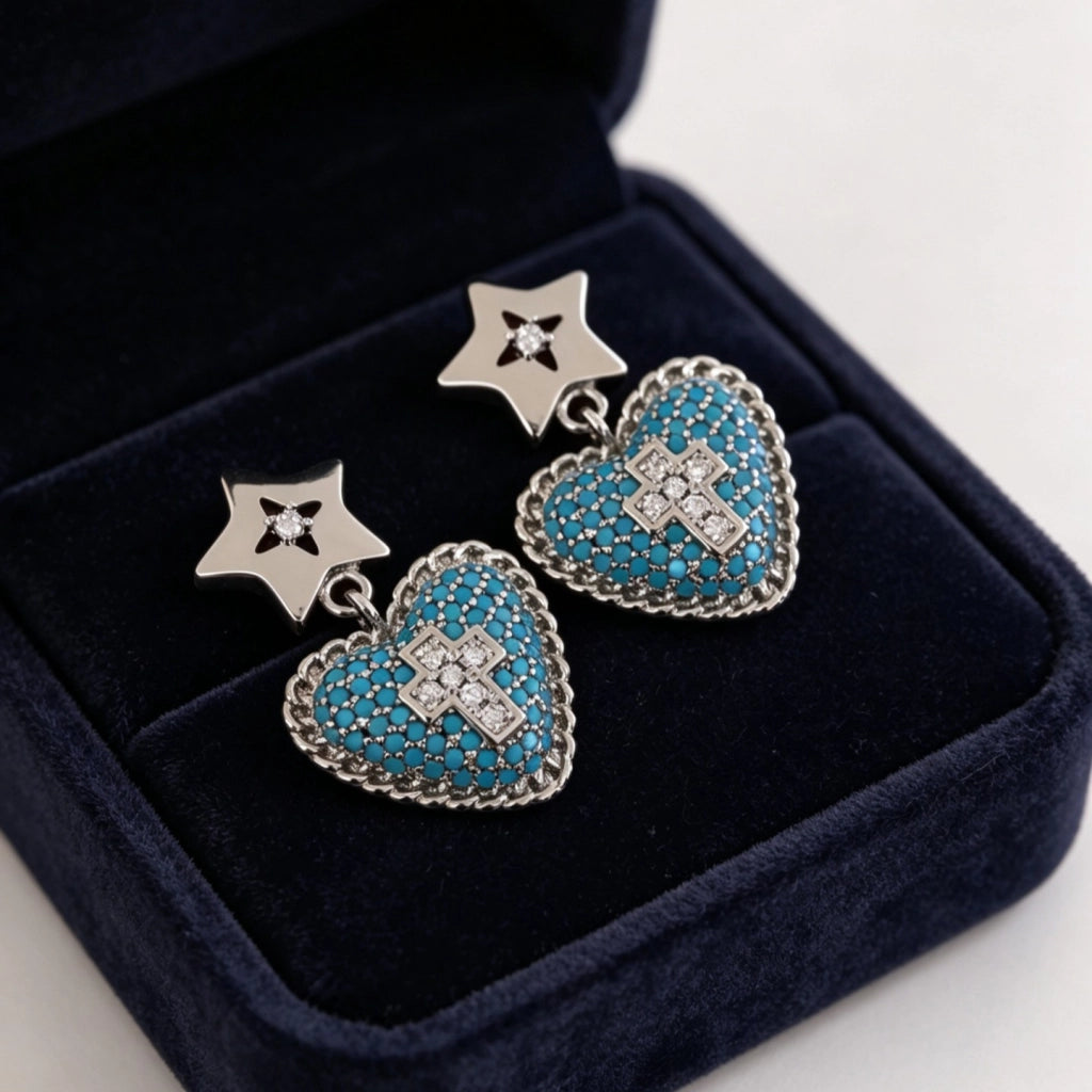 Orecchini a forma di cuore con stella a cinque punte in turchese blu, design squisito e unico, orecchini a croce con zirconi, orecchini a forma di stella e di cuore.