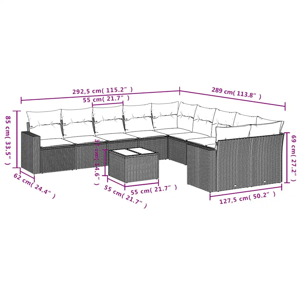 Set Divani da Giardino 11 pz con Cuscini Polyrattan Marrone 3219513