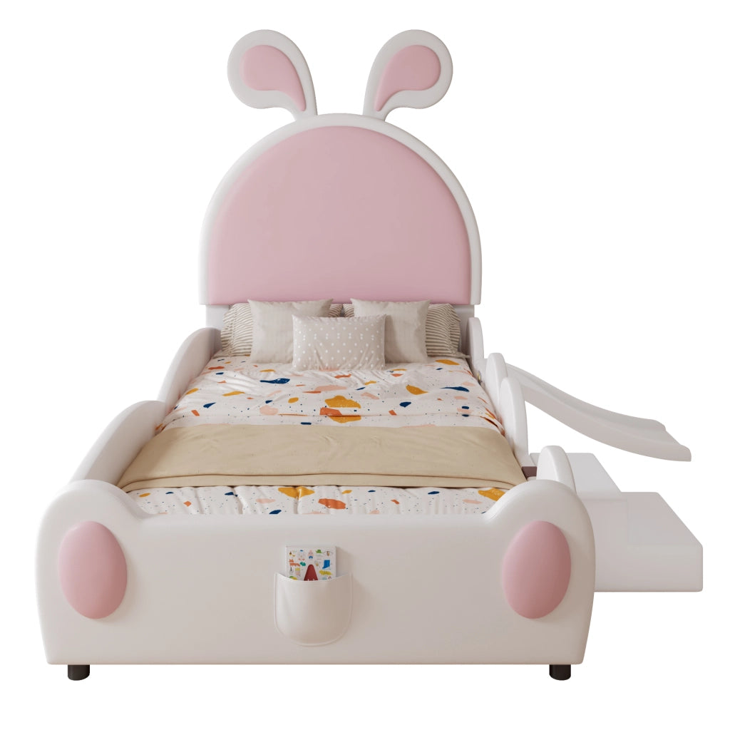 Letto enfant 90×200 cm con scivolo; piccola scala e testiera con orecchie da coniglio; senza materasso