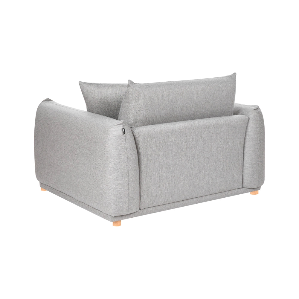 Poltrona da salotto con schienale in tessuto e gambe in legno grigio chiaro stile moderno