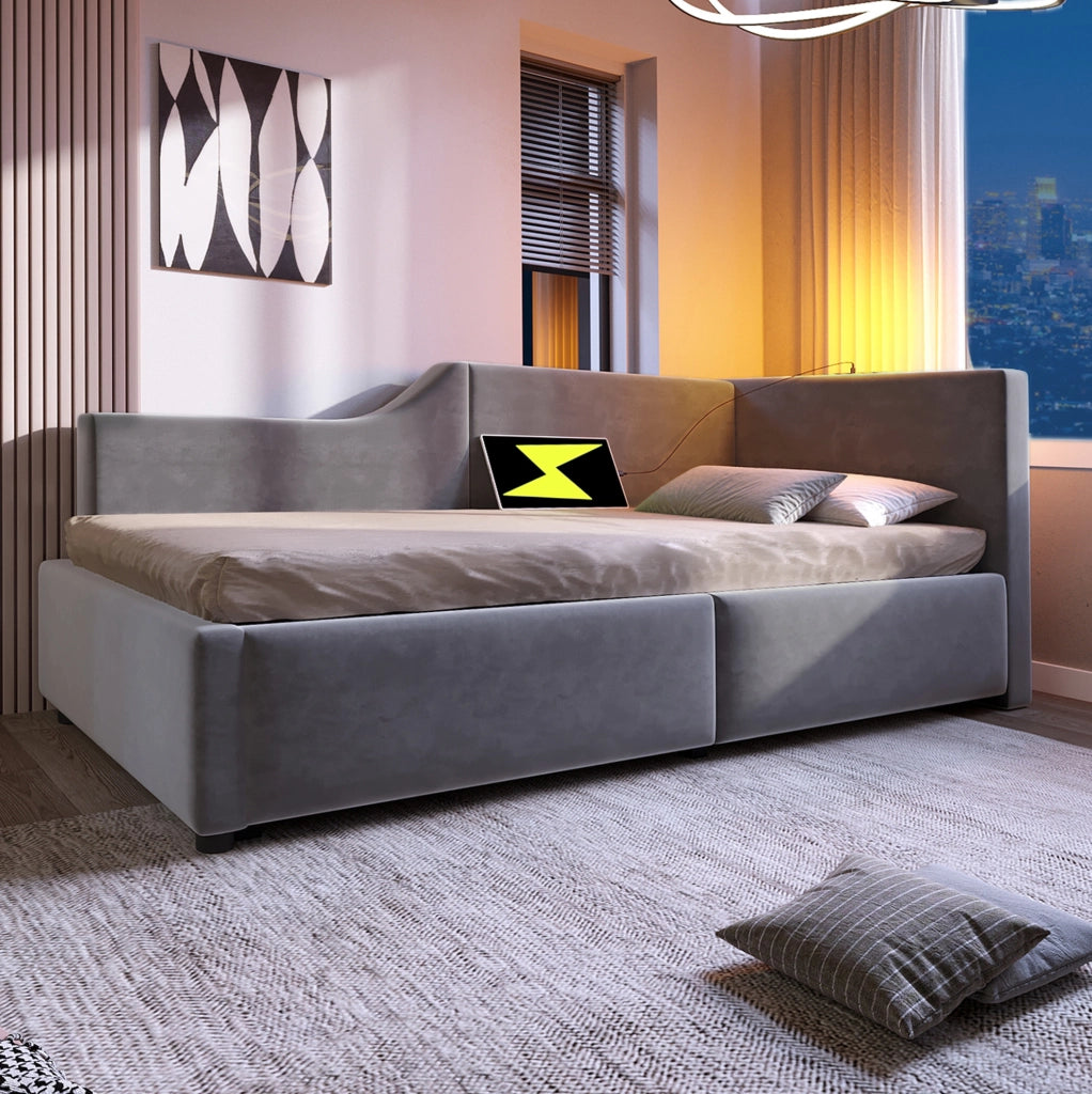Letto contenitore imbottito 90x190 cm in velluto grigio con USB-C e lampada da lettura
