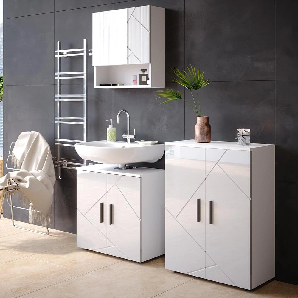 Set di mobili da bagno Irma, Bianco lucido, 2 parti, con unità midi, composto da mobile sottolavabo e armadio medio