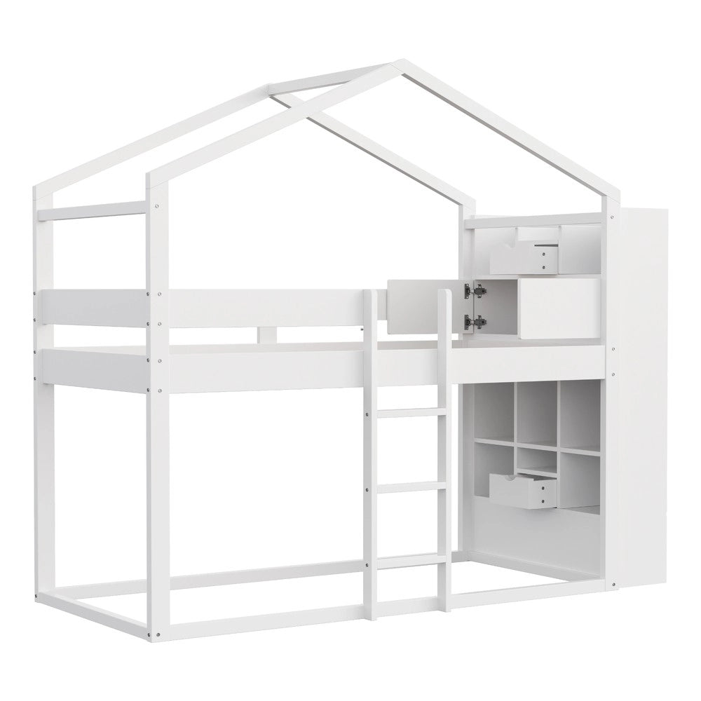 Letto a Castello in Legno di Pino con Rete a Doghe e Contenitore ¨C Xylo ¨C Bianco 90x200