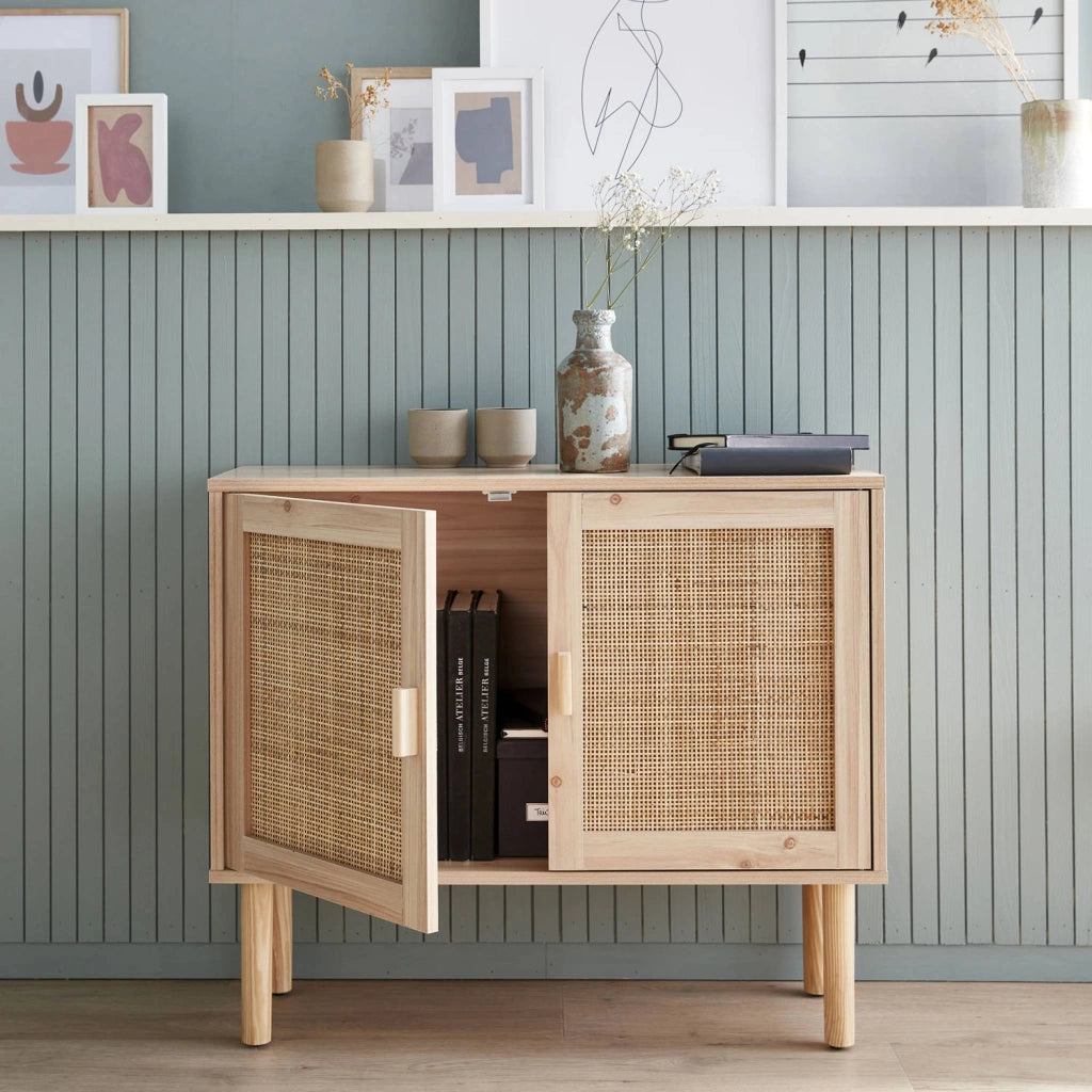 Credenza effetto canna e legno a 2 ante, 80cm, marrone naturale