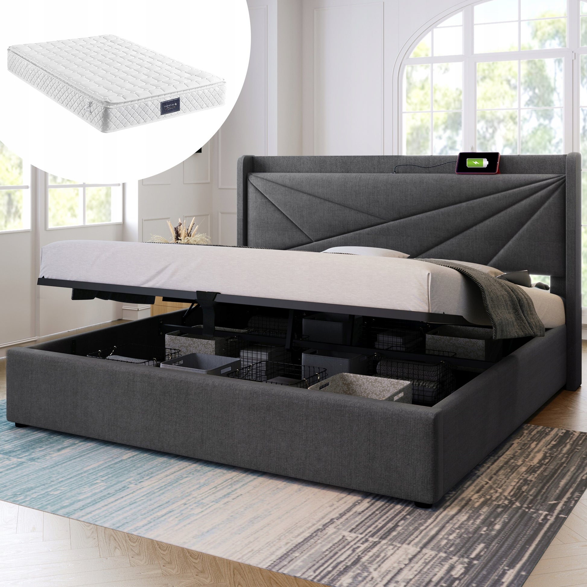 Letto con materasso - Xylo - 160x200 - Lino - USB-C, vano