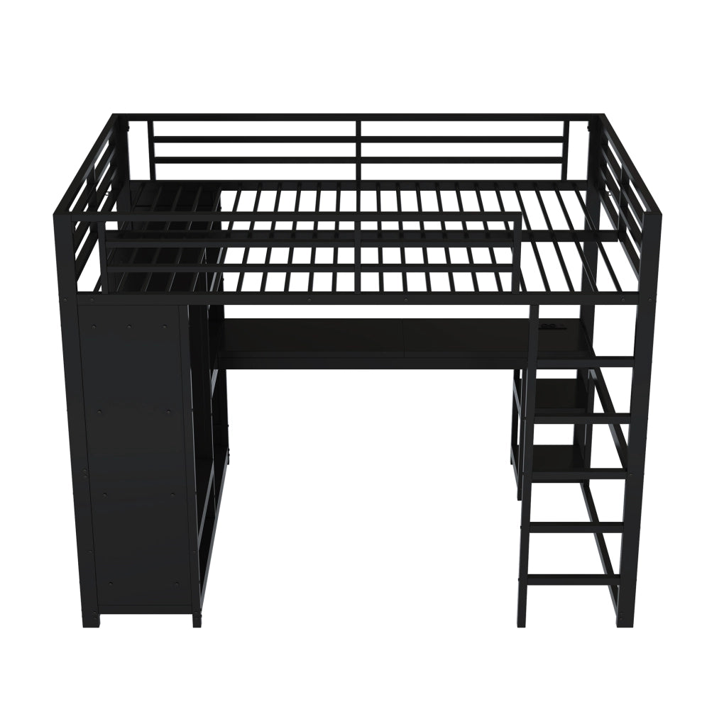 Letto a soppalco 140x200 cm con scrivania; LED e armadio aperto in metallo nero