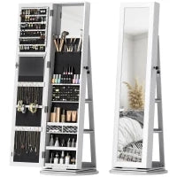 Specchio Portagioie 3 in 1 Girevole a 360°, Ripiani Posteriori e Anta con Chiave, 55x55x161 cm, Bianco