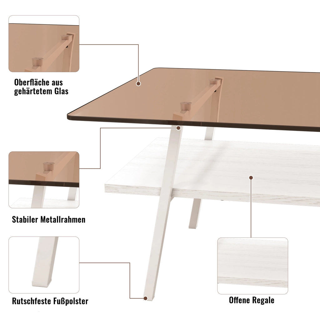 Tavolino basso rettangolare in vetro temperato con gambe in metallo bianco e base in MDF, per soggiorno, 98 × 58 × 42,5 cm