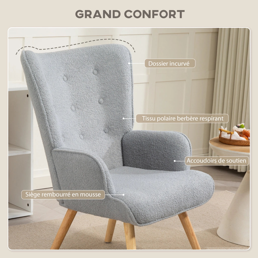 Poltrona relax imbottita in tessuto boucl¨¦ ¨C Zephmum ¨C Grigio chiaro 71x74x96 cm