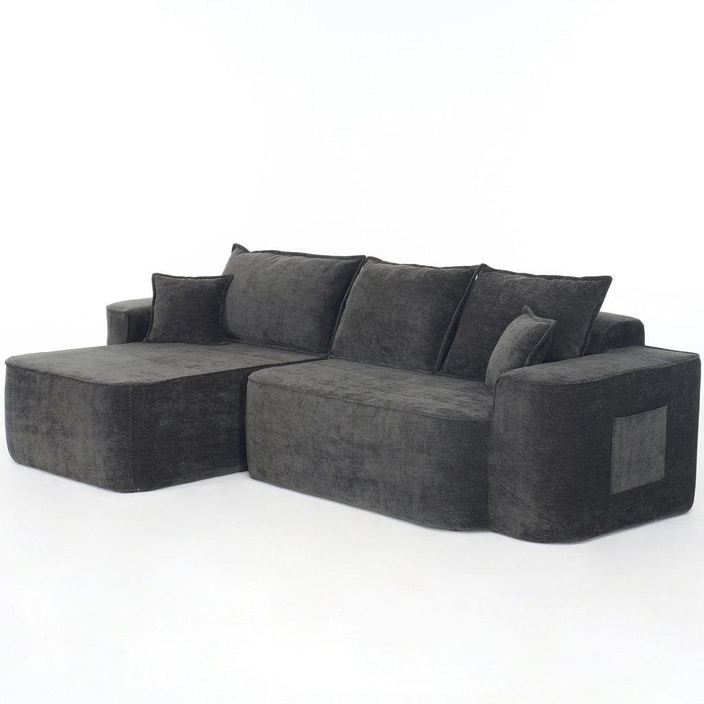 Divano angolare modulare con chaise longue, senza montaggio, tasche laterali, in Ciniglia Nero 262 cm