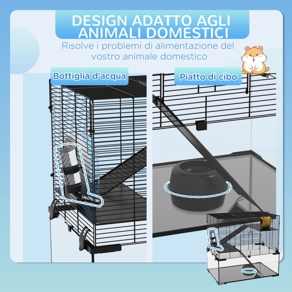 Gabbia per Criceti 3 Livelli con Ruota ¨C zephmum ¨C Nero 60x40x57cm