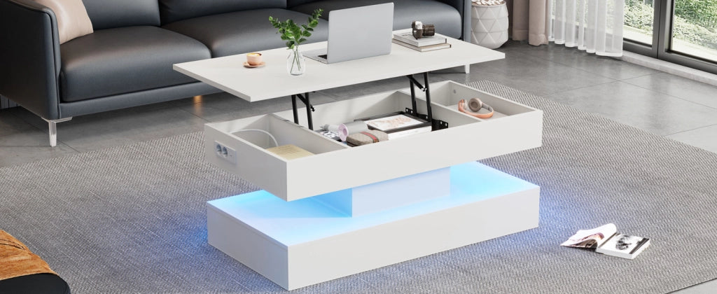 TAVOLO da caffè regolabile 100x50x42 cm bianco con LED, presa EU e vano nascosto