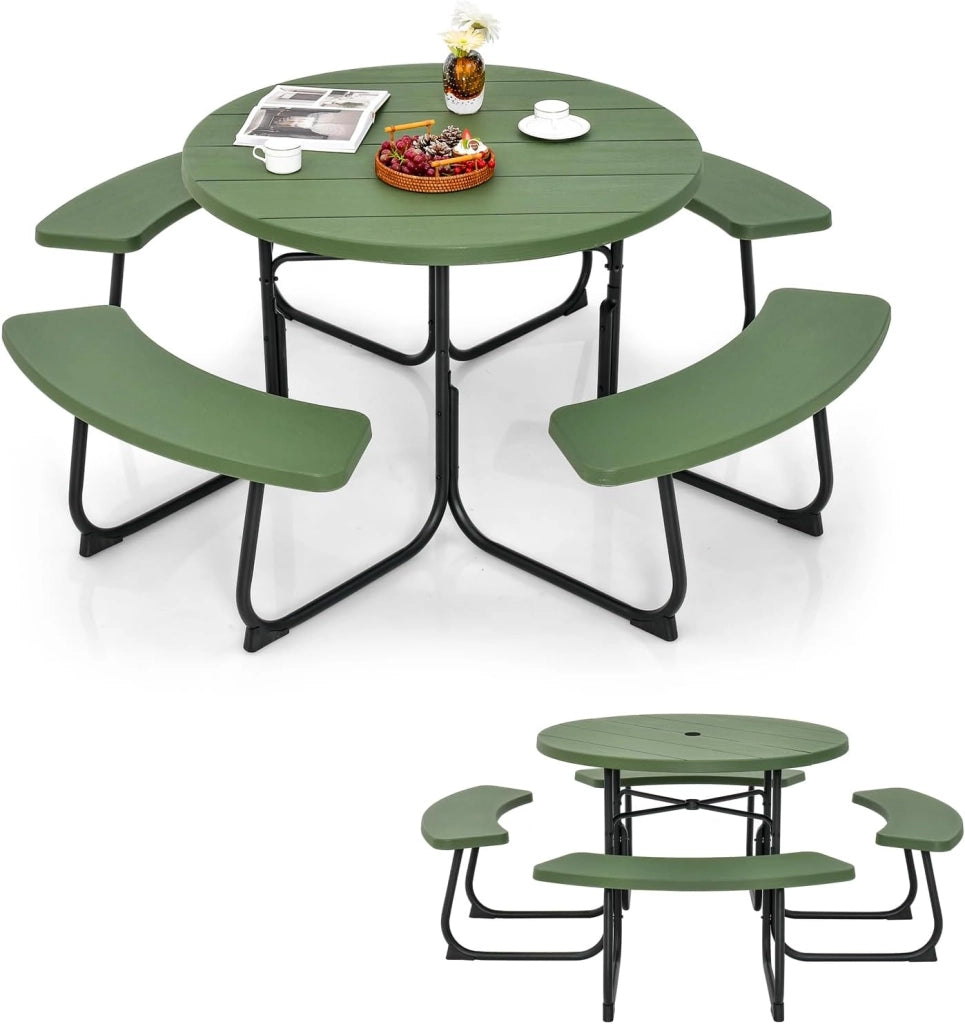 Set di Tavolo da Picnic Rotondo per 8 Persone, Set di Sedie e Tavolo con Foro per Ombrellone, Mobili da Giardino con 4 Panche, in HDPE e Metallo, φ190 x 76 cm (Verde)