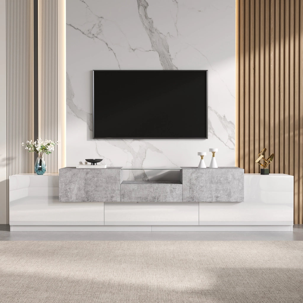 Mobile TV con 4 ante; cassetto e vano aperto; passacavi - per soggiorno - 200×33×48.5 cm - bianco