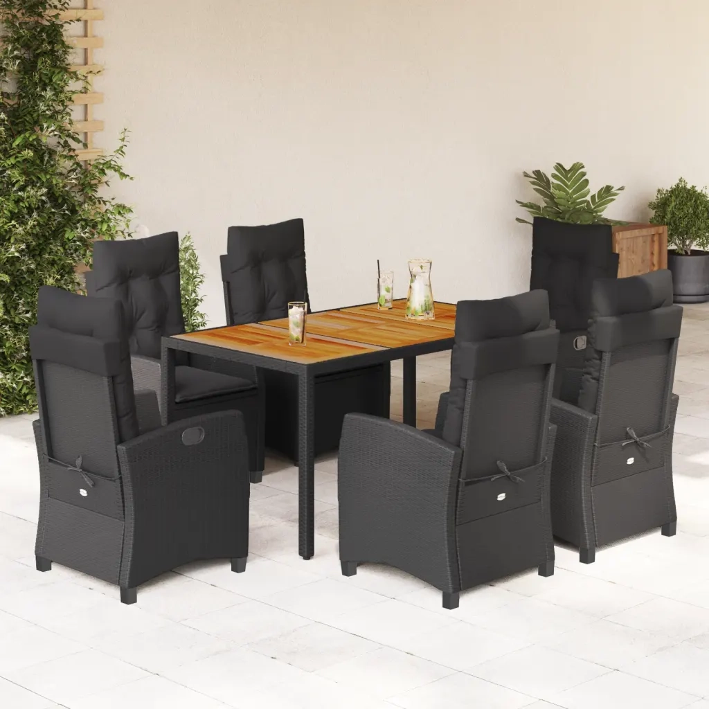 Set da Pranzo da Giardino 7 pz Nero con Cuscini in Polyrattan 3212666
