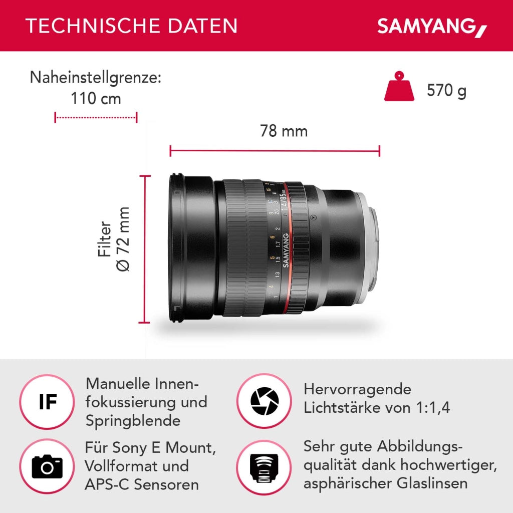 85/1.4 Lens DSLR Sony E obiettivo fotografico con messa a fuoco manuale, obiettivo per ritratti nero