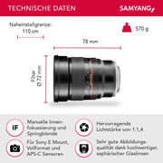 85/1.4 Lens DSLR Sony E obiettivo fotografico con messa a fuoco manuale, obiettivo per ritratti nero