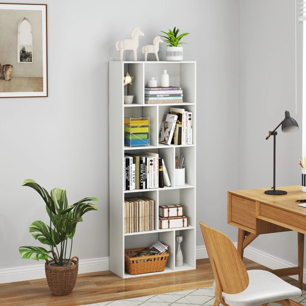 Libreria a 5 piani in legno con 10 scomparti-Scaffale di stoccaggio autoportante per studio e soggiorno Bianco