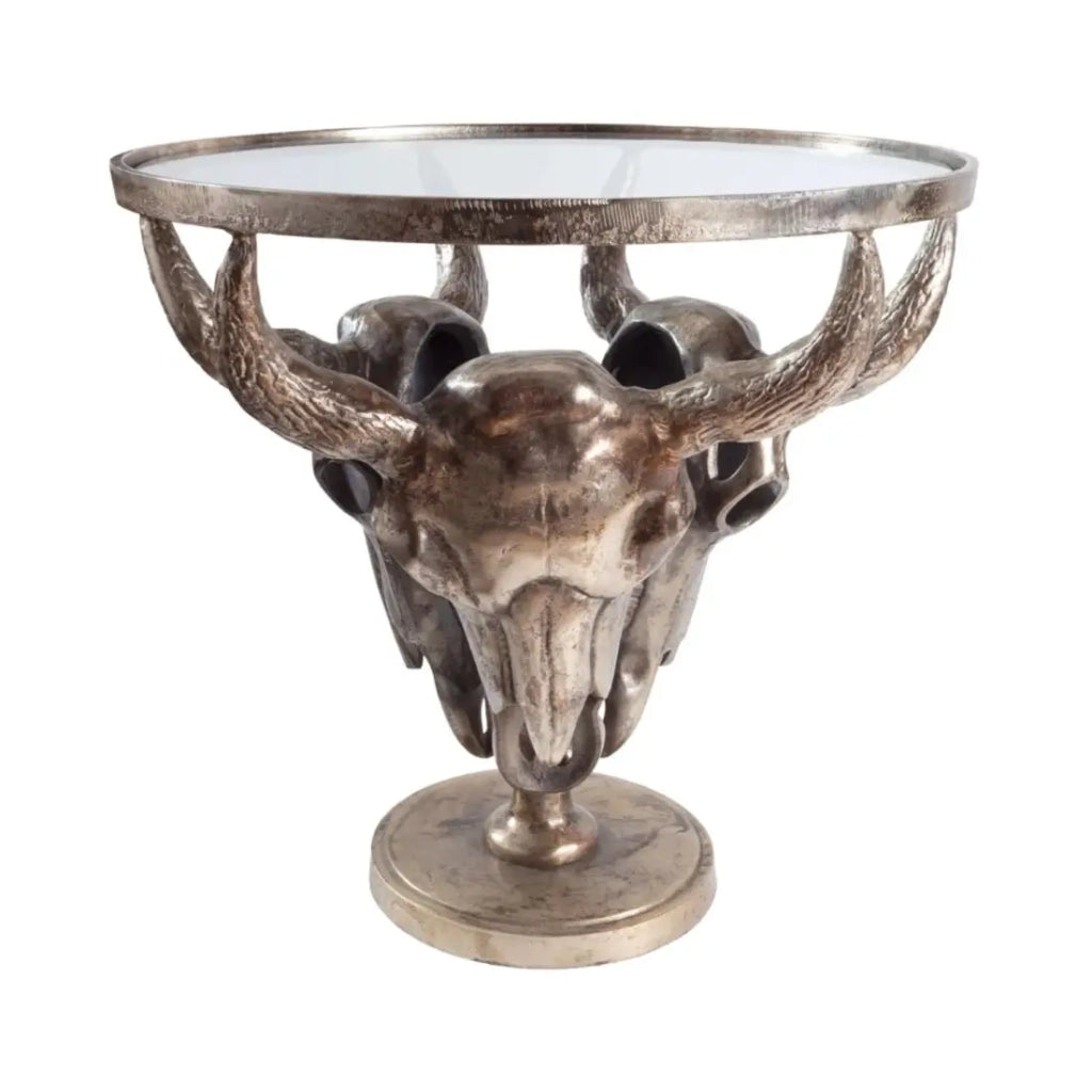 Tavolino basso TAURVIK rotondo 56 cm in alluminio bronzo e vetro stile barocco