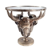 Tavolino basso TAURVIK rotondo 56 cm in alluminio bronzo e vetro stile barocco