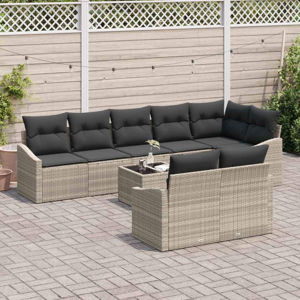 Set da Pranzo da Giardino 9 Pezzi con Cuscini Rattan Grigio