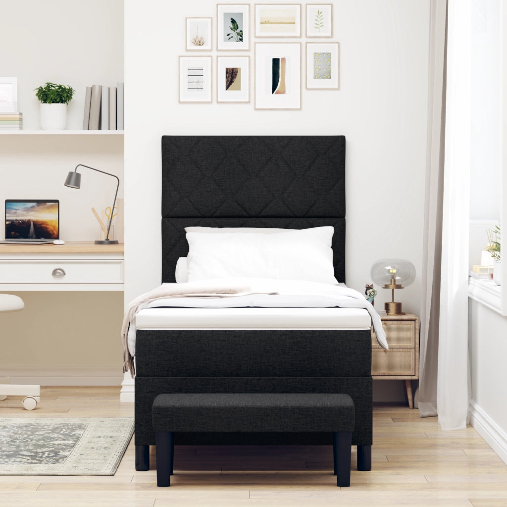 Letto a box spring con materasso e panca nera 100x200 cm tessuto