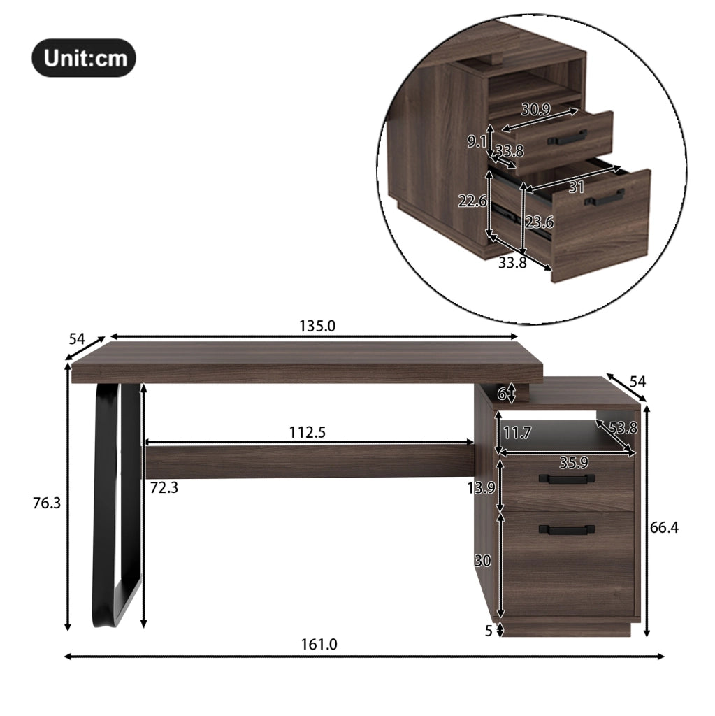 Scrivania 135x54 cm in MDF e metallo marrone， con contenitore integrato