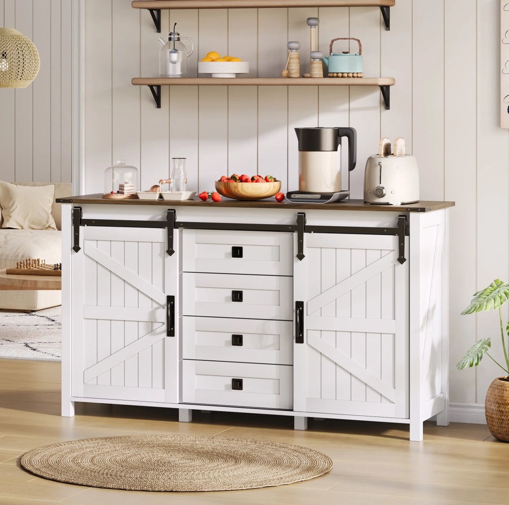 Credenza 137x40x81.5 cm con ante scorrevoli e 4 cassetti; MDF bianco