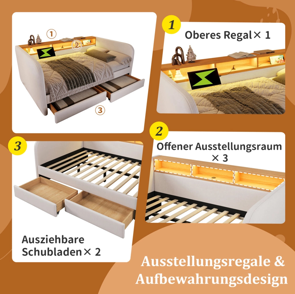 Letto matrimoniale 140x190 cm con LED; USB e Type-C; 2 cassetti; in lino beige chiaro