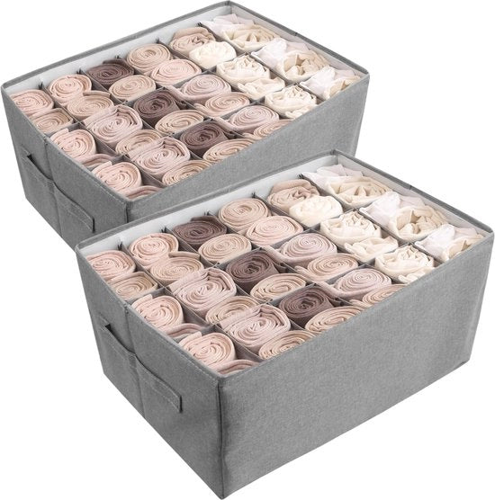 Organizzatore per armadio 2 in 1, sistema di carico, cassetti 12-vani, scatola pieghevole per l'organizzazione di abiti, organizzatore per jeans, pantaloni, asciugamani, camicie, maglie, intimo, grigio (2-pack)