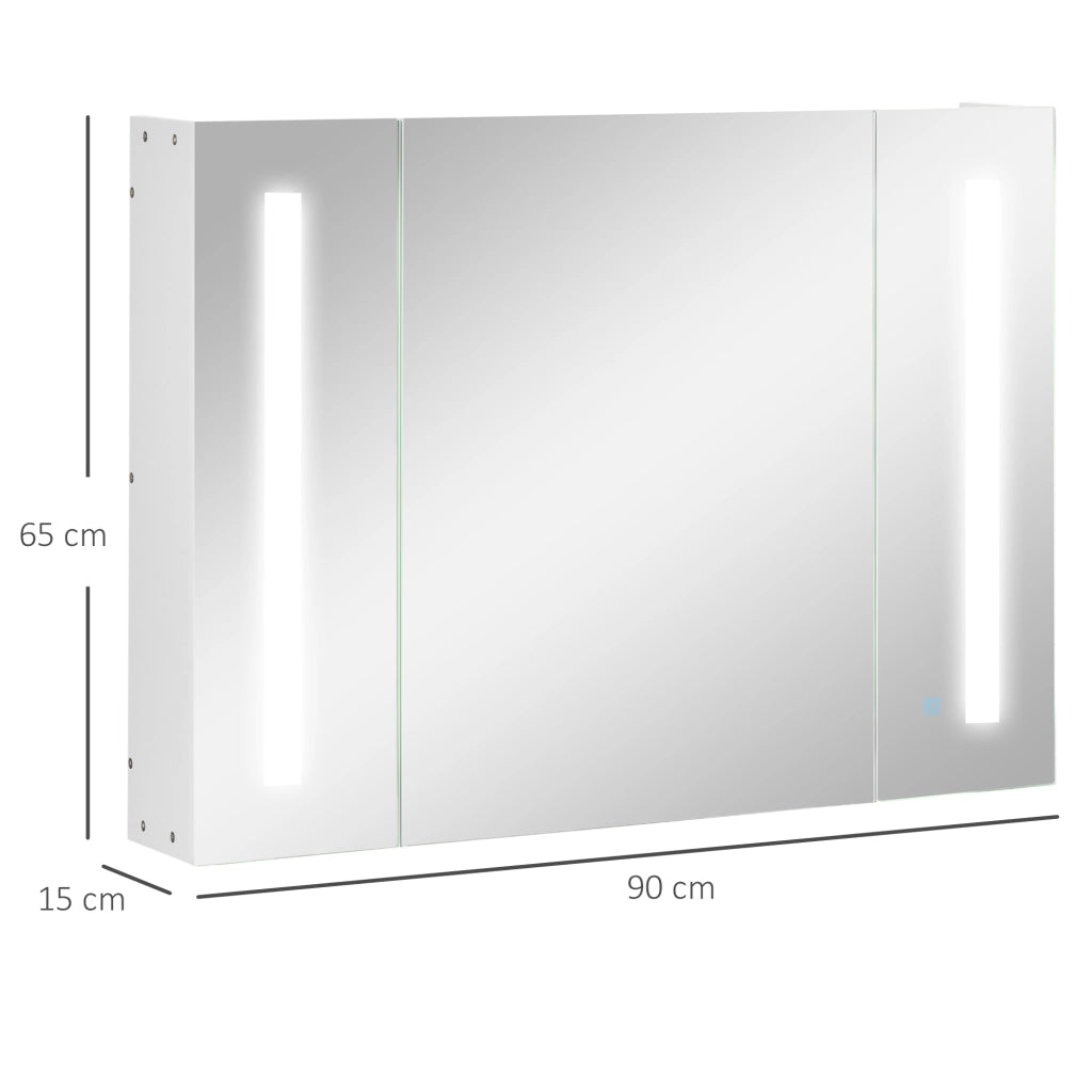 Armadietto Specchio da Bagno con Luce LED ¨C zephmum ¨C Bianco, 90x15x65 cm