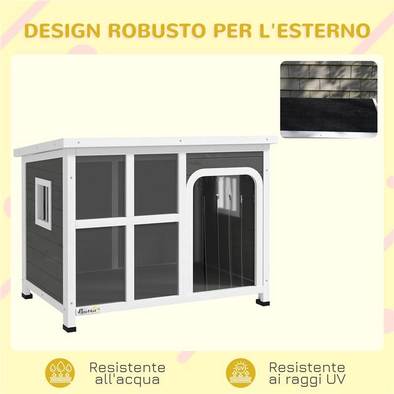 CASETTA PER CANI CON FINESTRELLE E INGRESSO A TENDA IN LEGNO DI ABETE 90X62X71 CM GRIGIO CHIARO