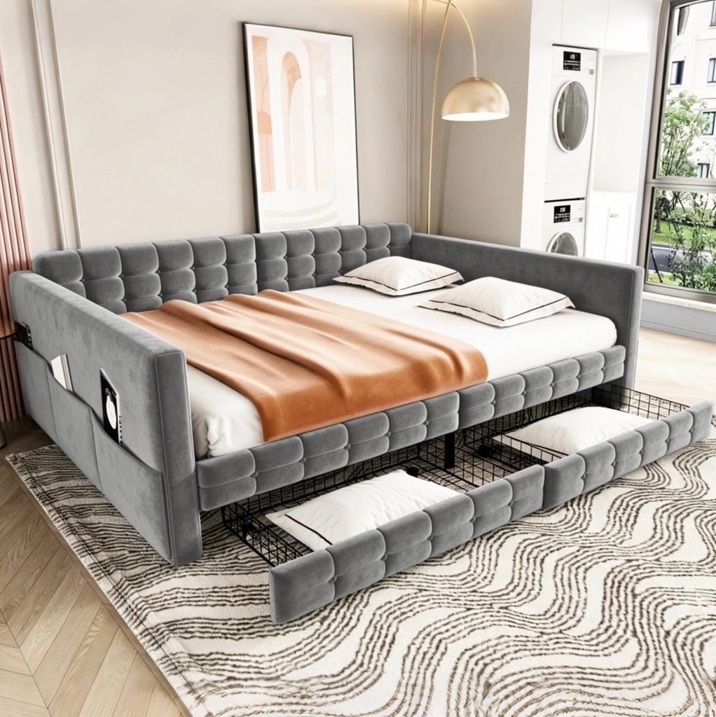 Letto imbottito 140x190 cm con cassetti e tasche laterali in velluto grigio
