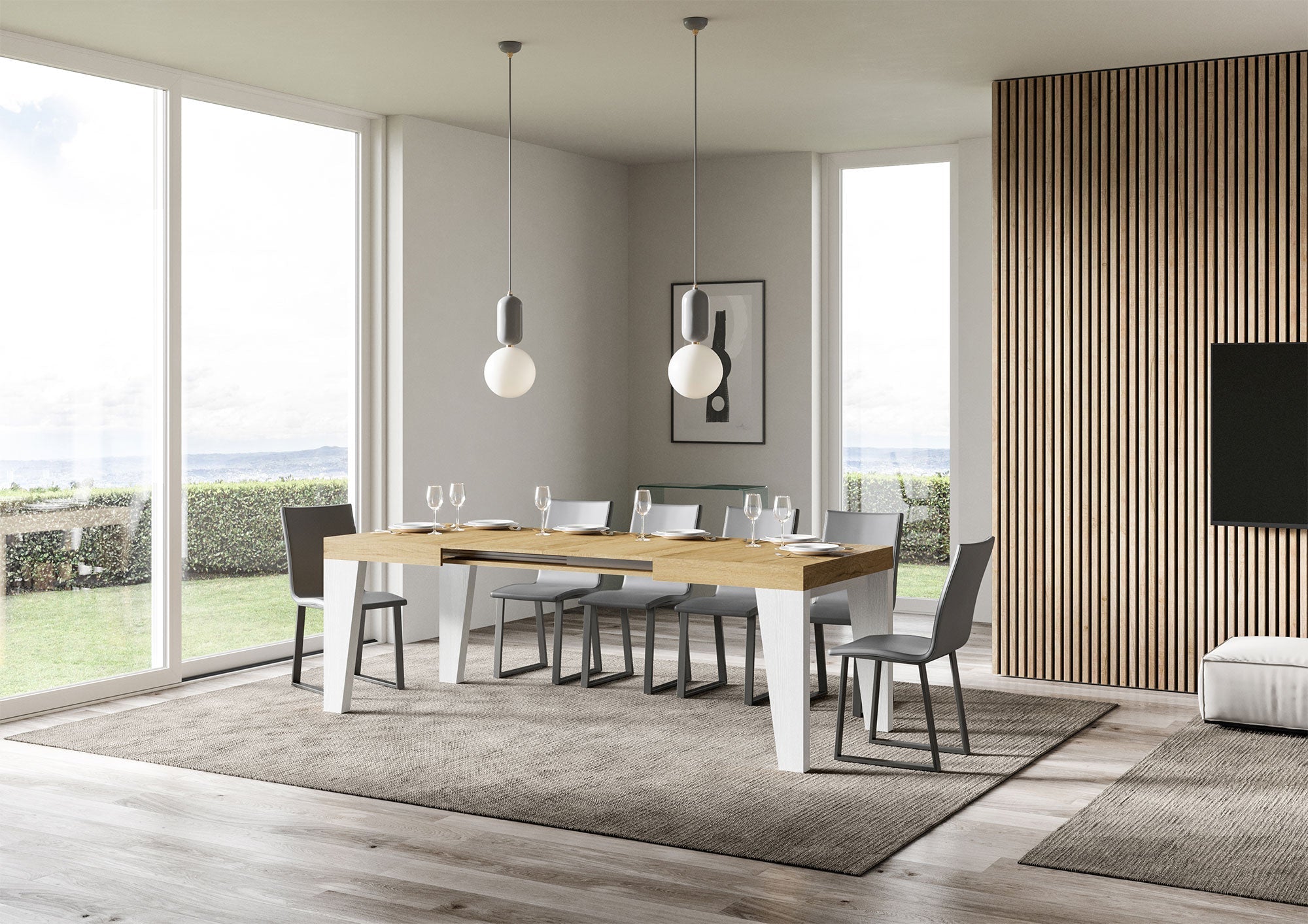 Tavolo Allungabile 130/390x90x77 cm Naxy Mix piano Quercia Natura gambe Bianco Frassino