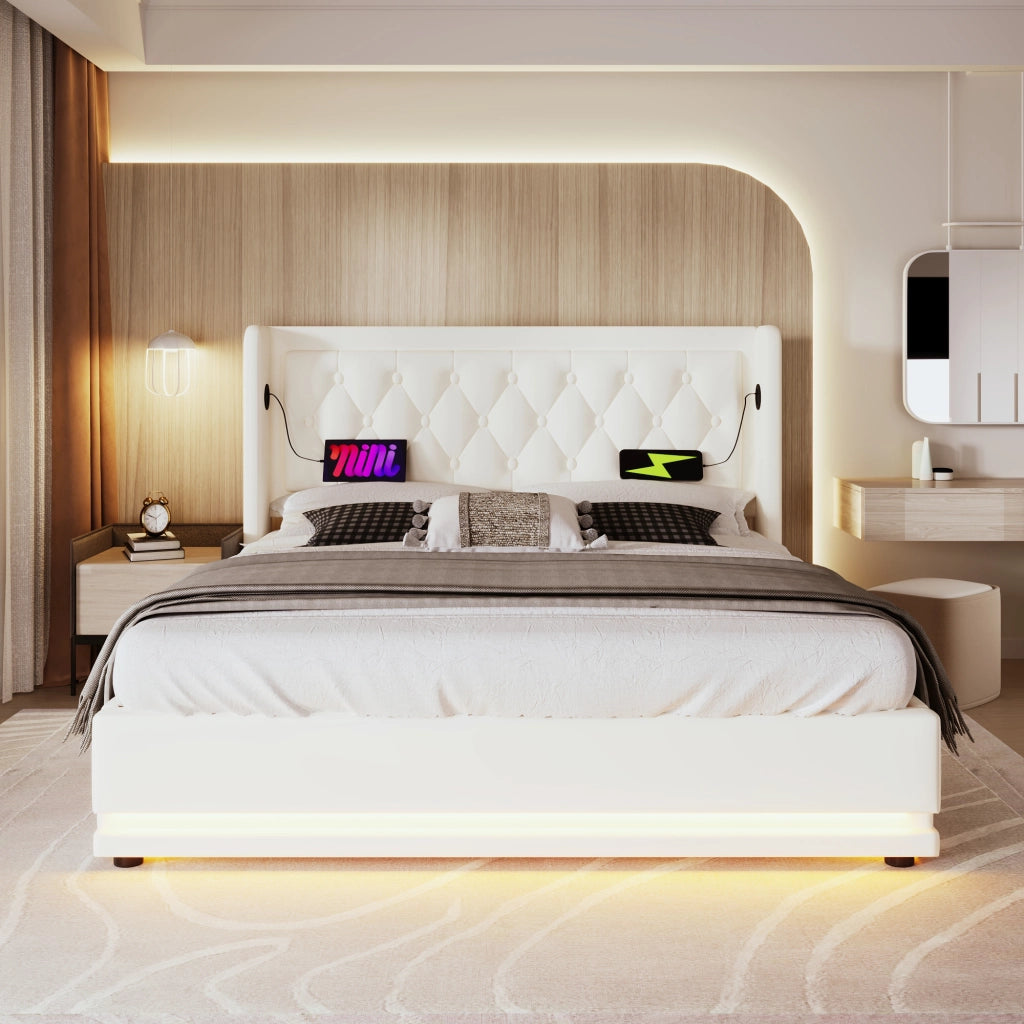 Letto matrimoniale 180x200 cm in PU bianco con contenitore, LED a 3 lati, USB e Type-C, senza materasso